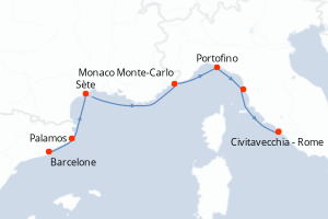 Carte itinéraire croisière - 7 jours au départ de Barcelone - Méditerranée