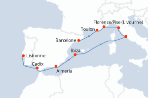 Carte itinéraire croisière  - 11 jours au départ de Lisbonne - Méditerranée