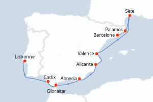 Carte itinéraire croisière - 10 jours au départ de Barcelone - Atlantique
