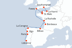 Carte itinéraire croisière  - 14 jours au départ de Lisbonne - Europe du Nord