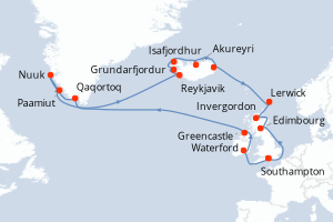Carte itinéraire croisière - 24 jours au départ de Southampton - Europe du Nord