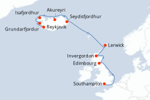 Carte itinéraire croisière  - 10 jours au départ de Reykjavik - Europe du Nord