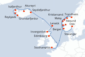 Carte itinéraire croisière  - 20 jours au départ de Reykjavik - Europe du Nord