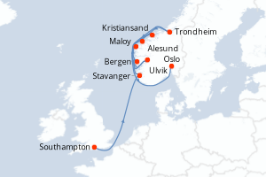 Carte itinéraire croisière  - 10 jours au départ de Southampton - Europe du Nord