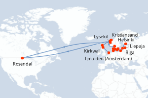 Carte itinéraire croisière - 21 jours au départ de Helsinki - Europe du Nord