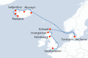 Carte itinéraire croisière  - 11 jours au départ de Reykjavik - Europe du Nord