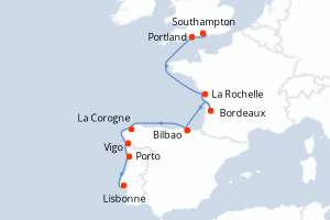 Carte itinéraire croisière  - 11 jours au départ de Southampton - Atlantique