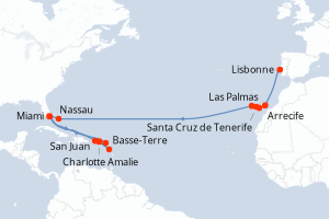 Carte itinéraire croisière  - 24 jours au départ de Lisbonne - Caraïbes Bahamas