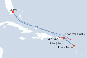 Carte itinéraire croisière - 10 jours au départ de Miami - Caraïbes Bahamas