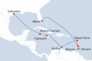 Carte itinéraire croisière - 12 jours au départ de Miami - Caraïbes Mexique