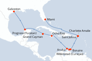 Carte itinéraire croisière  - 15 jours au départ de Galveston - Caraïbes Bahamas