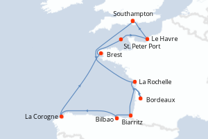 Carte itinéraire croisière - 13 jours au départ de Southampton - Europe du Nord
