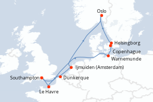 Carte itinéraire croisière - 11 jours au départ de Southampton - Europe du Nord