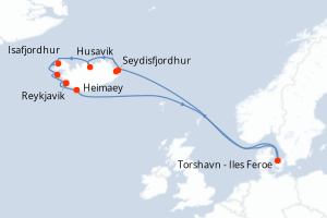 Carte itinéraire croisière  - 11 jours au départ de Reykjavik - Europe du Nord