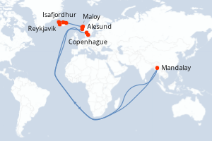 Carte itinéraire croisière  - 10 jours au départ de Reykjavik - Europe du Nord