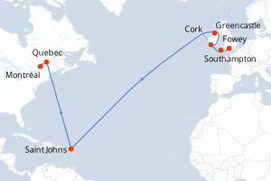 Carte itinéraire croisière  - 14 jours au départ de Southampton - Amérique du Nord