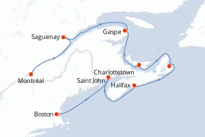 Carte itinéraire croisière  - 11 jours au départ de Montréal - Amérique du Nord