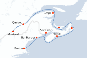 Carte itinéraire croisière - 11 jours au départ de Boston - Amérique du Nord