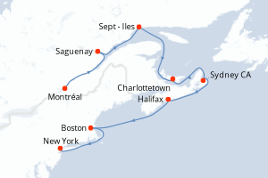 Carte itinéraire croisière  - 11 jours au départ de Montréal - Amérique du Nord