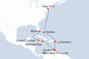 Carte itinéraire croisière  - 14 jours au départ de New York - Caraïbes Bahamas