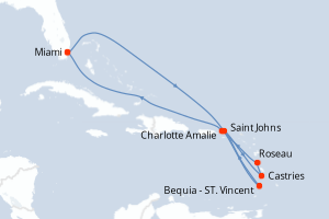 Carte itinéraire croisière - 10 jours au départ de Miami - Caraïbes Bahamas