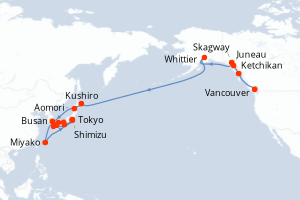 Carte itinéraire croisière  - 30 jours au départ de Vancouver - Asie