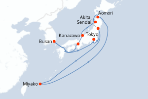 Carte itinéraire croisière - 11 jours au départ de Tokyo - Asie
