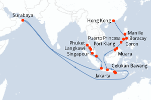 Carte itinéraire croisière - 26 jours au départ de Singapour - Asie