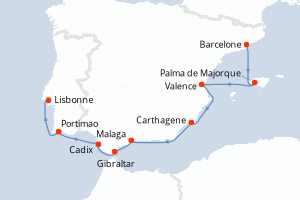 Carte itinéraire croisière  - 9 jours au départ de Barcelone - Atlantique