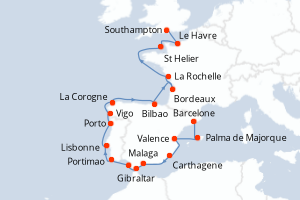 Carte itinéraire croisière  - 21 jours au départ de Barcelone - Europe du Nord