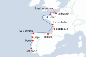 Carte itinéraire croisière  - 12 jours au départ de Lisbonne - Europe du Nord