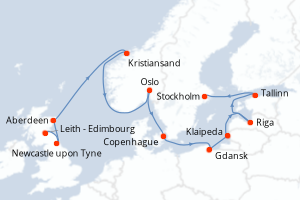 Carte itinéraire croisière  - 14 jours au départ de Leith - Edimbourg - Europe du Nord