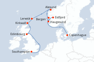 Carte itinéraire croisière  - 12 jours au départ de Copenhague - Europe du Nord