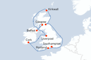 Carte itinéraire croisière  - 12 jours au départ de Southampton - Europe du Nord