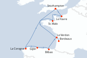Carte itinéraire croisière - 12 jours au départ de Southampton - Europe du Nord