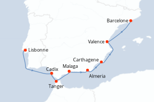 Carte itinéraire croisière  - 8 jours au départ de Lisbonne - Méditerranée