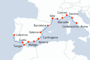 Carte itinéraire croisière  - 15 jours au départ de Lisbonne - Méditerranée