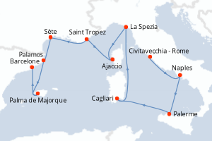 Carte itinéraire croisière  - 12 jours au départ de Civitavecchia - Rome - Méditerranée
