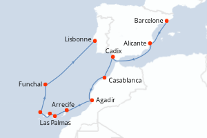 Carte itinéraire croisière  - 12 jours au départ de Barcelone - Atlantique