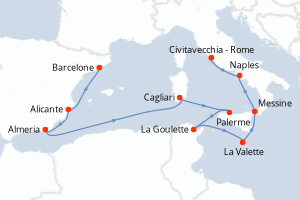 Carte itinéraire croisière - 11 jours au départ de Barcelone - Méditerranée