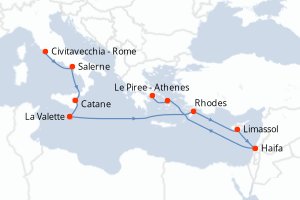 Carte itinéraire croisière - 12 jours au départ de Civitavecchia - Rome - Méditerranée