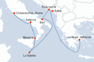 Carte itinéraire croisière  - 9 jours au départ de Le Piree - Athenes - Méditerranée
