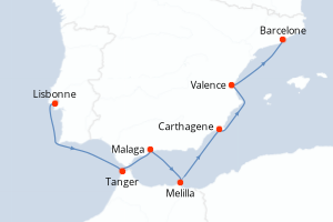 Carte itinéraire croisière  - 9 jours au départ de Lisbonne - Méditerranée