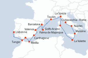 Carte itinéraire croisière  - 19 jours au départ de Lisbonne - Méditerranée