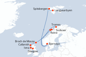 Carte itinéraire croisière - 13 jours au départ de Glasgow - Spitzberg