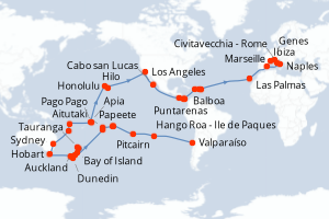 Carte itinéraire croisière - 86 jours au départ de Valparaíso - Transatlantique