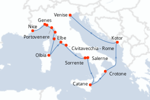 Carte itinéraire croisière - 17 jours au départ de Nice - Méditerranée