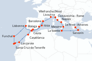 Carte itinéraire croisière  - 29 jours au départ de Le Piree - Athenes - Méditerranée