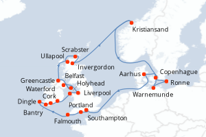 Carte itinéraire croisière - 25 jours au départ de Southampton - Europe du Nord