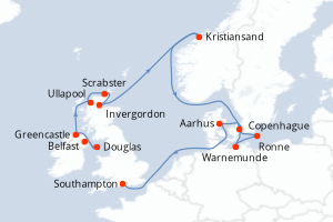 Carte itinéraire croisière - 15 jours au départ de Belfast - Europe du Nord